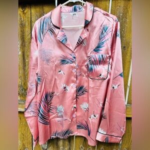 Women Sleepwear Set Long Sleeve and Long Pants Satin Pink Salmon Color, Size L